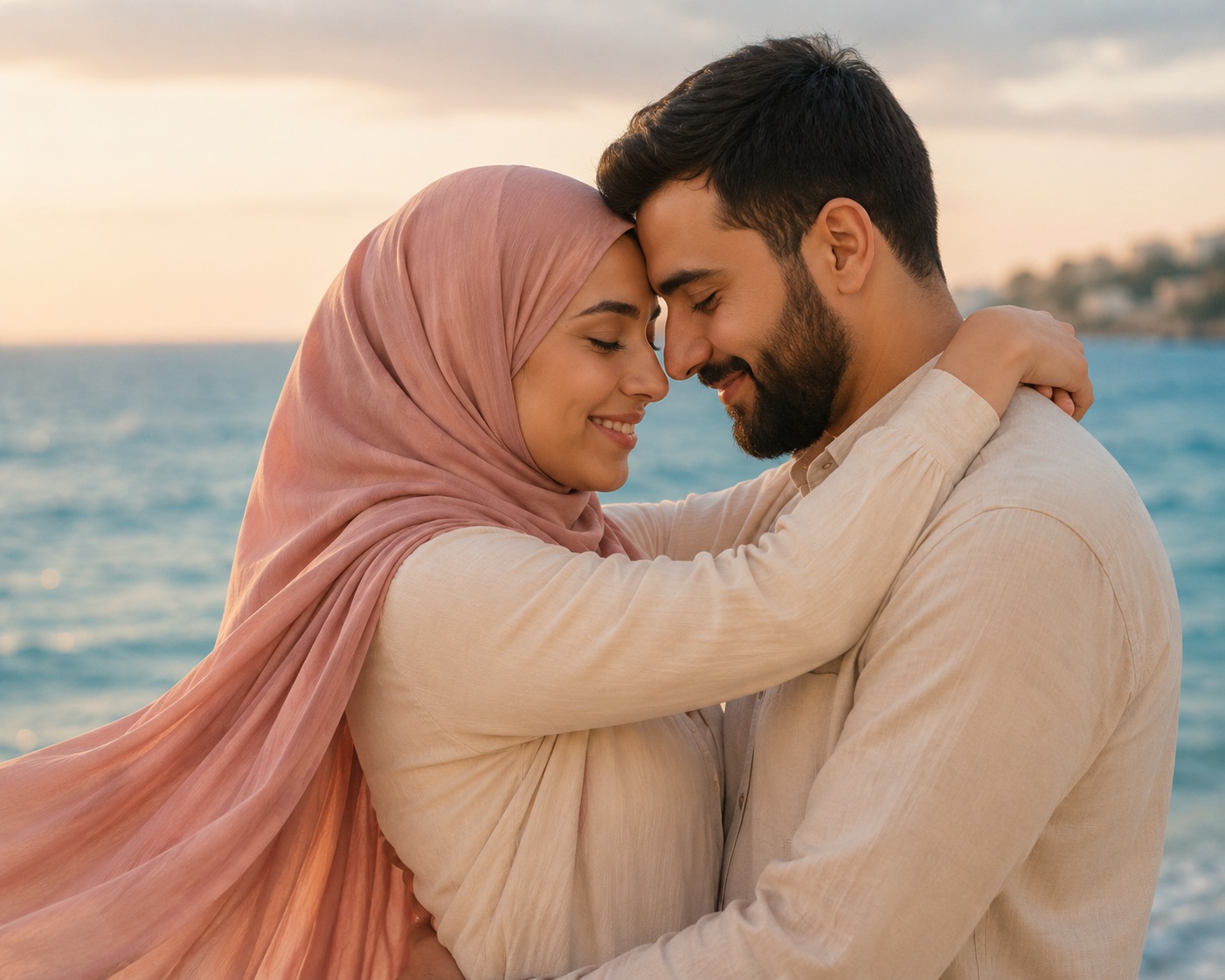 Muslim couple embracing by the sea at sunset