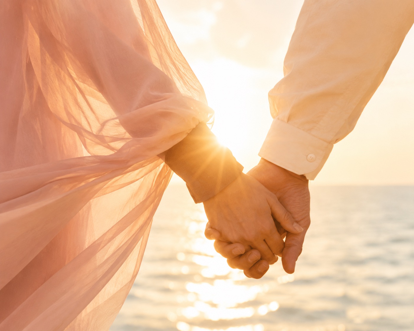 Couple holding hands by the sea at sunset